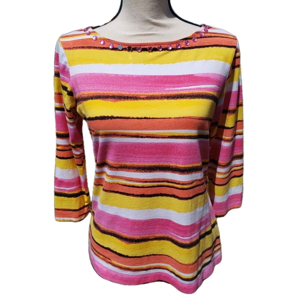 Ruby Rd Womens Size S Striped Bright Watercolor 3/4 Sleeve Boat Neck Shirt Top